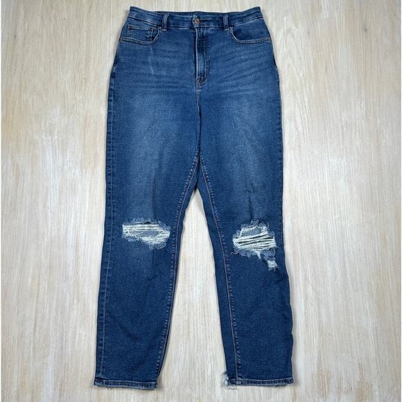 American Eagle Curvy Mom Jeans Distressed Ripped Knees Raw Hem Stretch Blue 8 - Picture 1 of 15